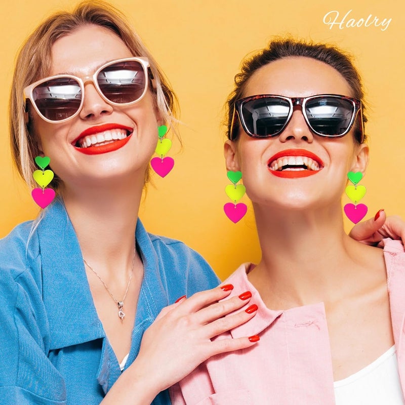 HOLYRY Neon Heart Earrings for Women Acrylic Neon Earrings 80s 90s Outfit for Women Glow Party Accessories Gifts Hot Pink Orange Green Yellow - Image 4